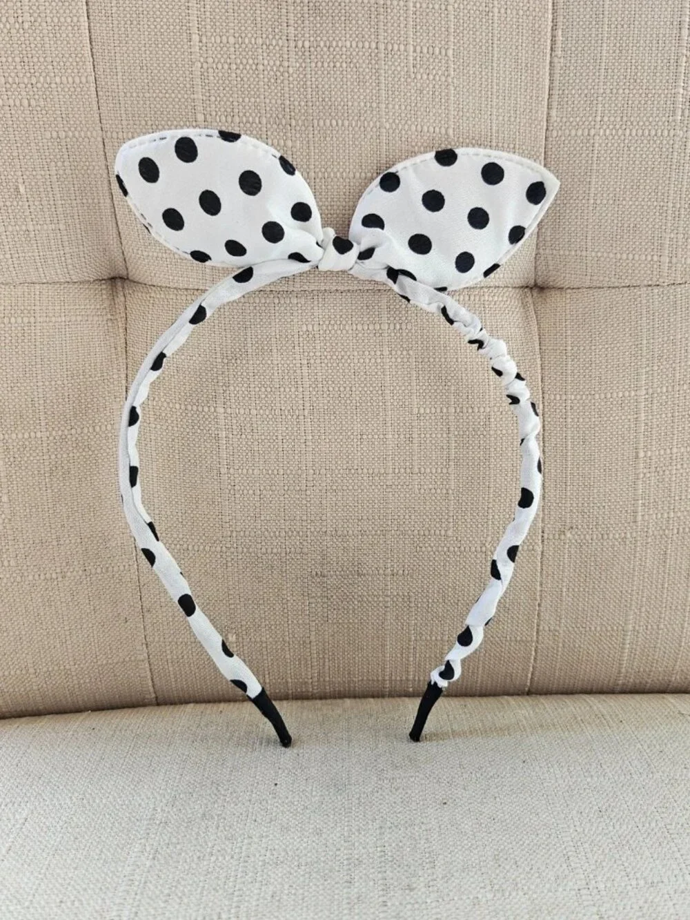 Girl Headband Black Polka Dots White Hair Catcher Bunny Ear Head Band